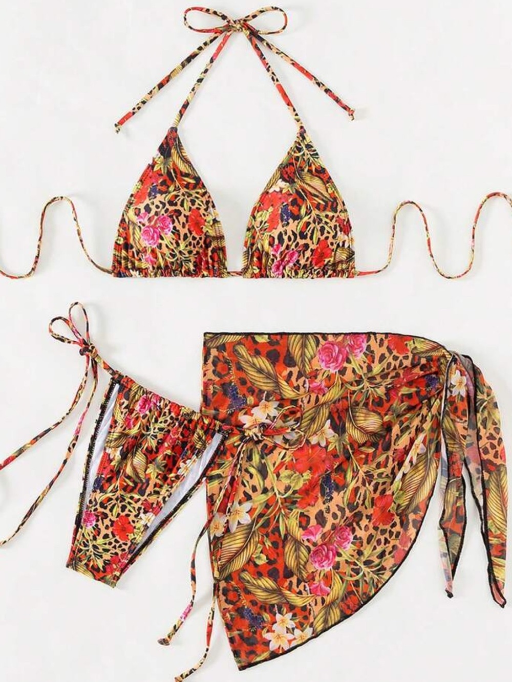 NEW SHEIN leopard floral 3-piece bikini set